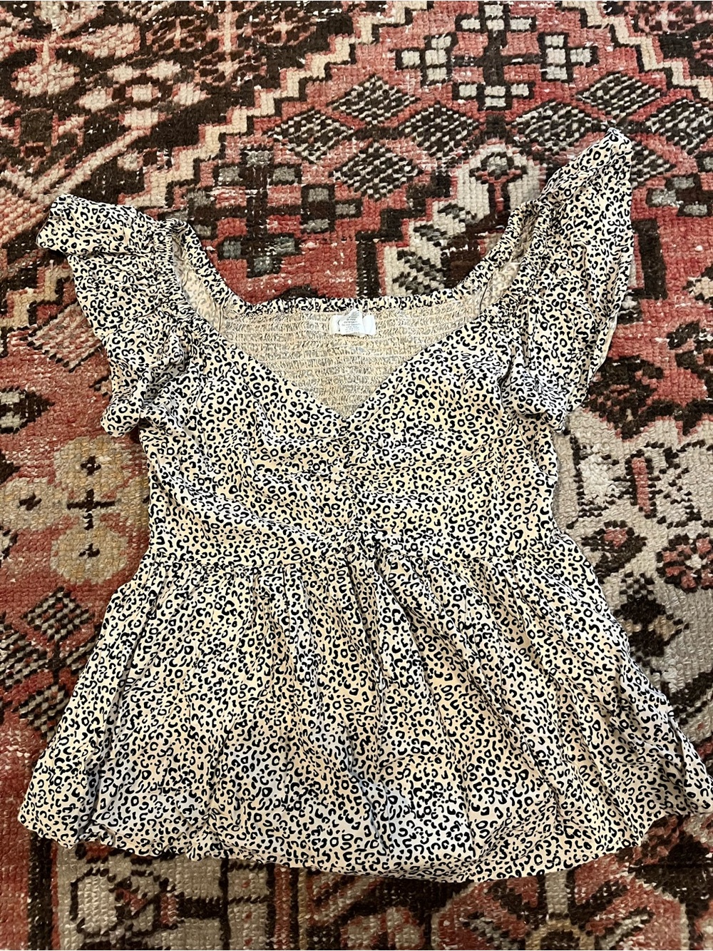 Cream and Black Leopard Smocked Top